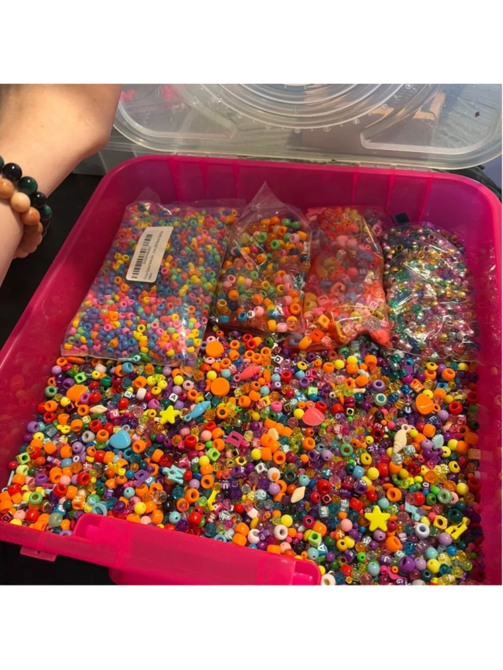 Extra large hot pink craft organizer With Multi-colored acrylic beads and charms